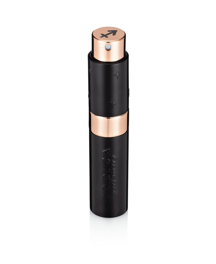 Zodica Perfumery Twist &amp; Spritz black perfume atomizer with rose gold details and Cancer zodiac symbol