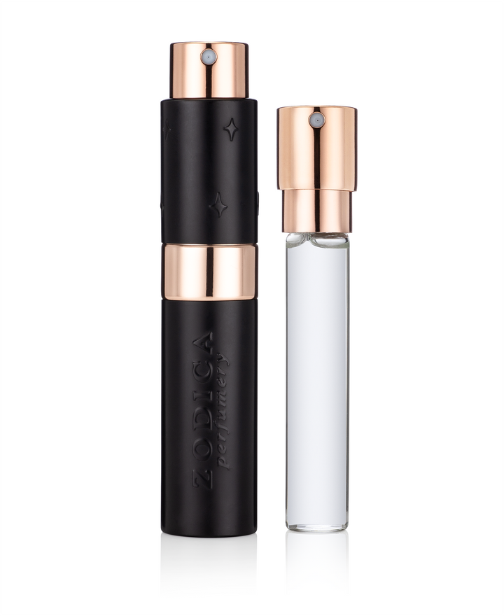 Zodica Perfumery Twist &amp; Spritz portable perfume atomizer in black with rose gold accents