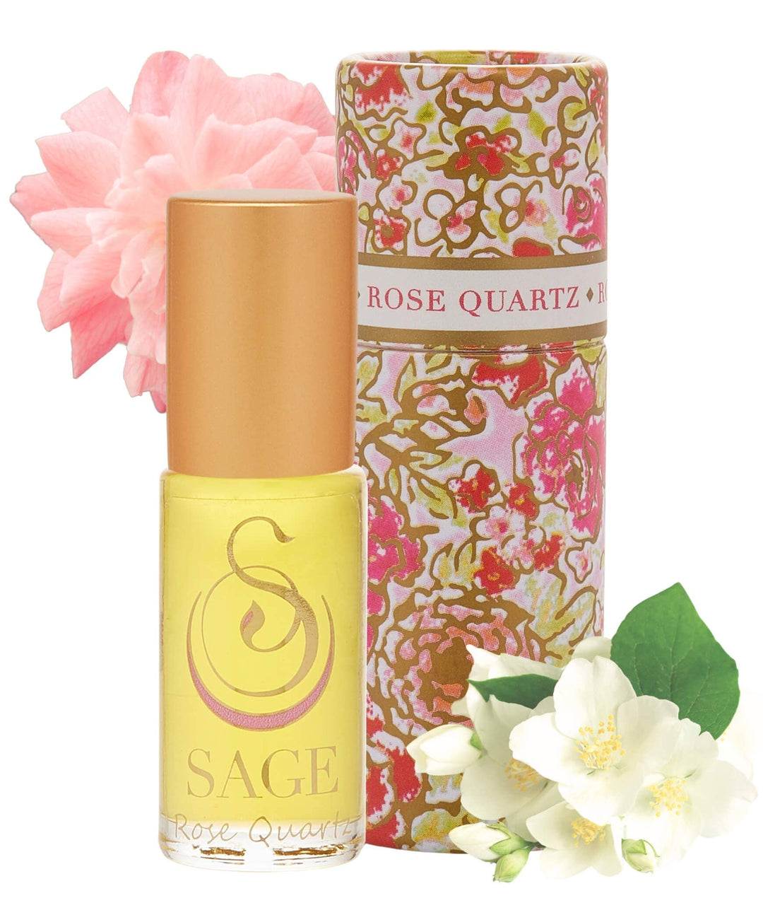 Sage Rose Quartz perfume roller in yellow bottle with floral packaging and decorative flowers