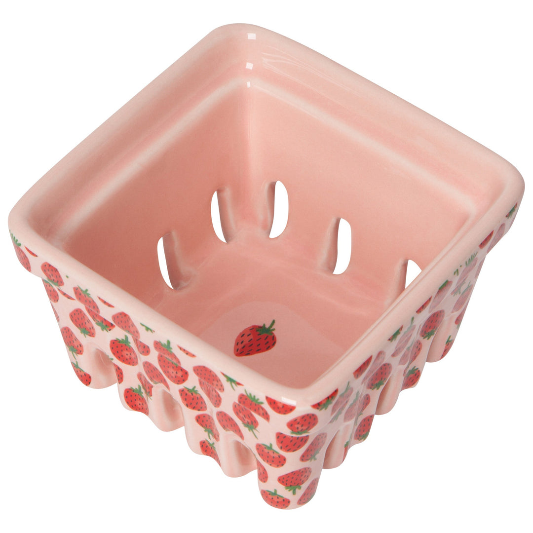Pink ceramic berry basket with strawberry pattern and scalloped edges by Danica Jubilee