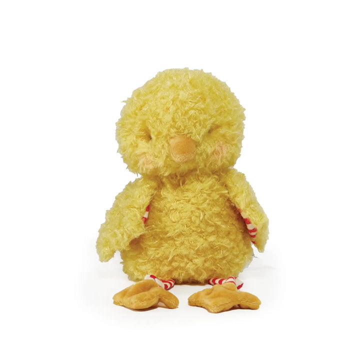 Yellow plush baby chick stuffed animal with orange beak and feet on white background
