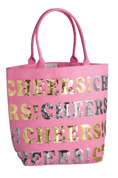 Pink canvas tote bag with sparkly 'CHEERS' text pattern in gold and silver sequins