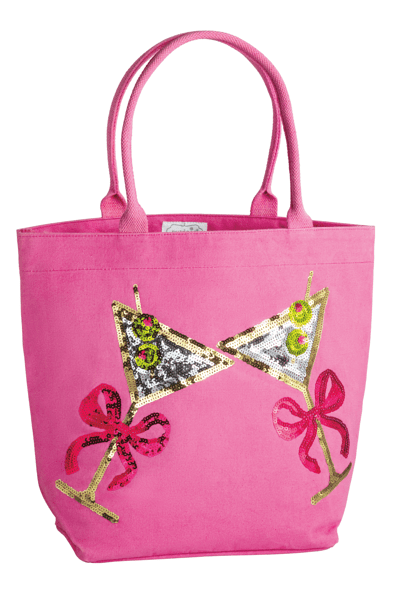 Hot pink tote bag with sequined martini glass appliques and bow details
