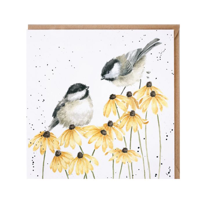 Wrendale My Sweet Chickadee greeting card featuring two chickadees perched on yellow black-eyed Susan flowers
