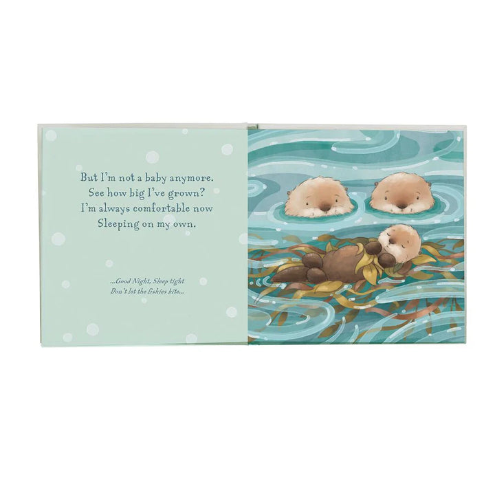 Children's book showing illustrated otters floating in water with gentle bedtime text