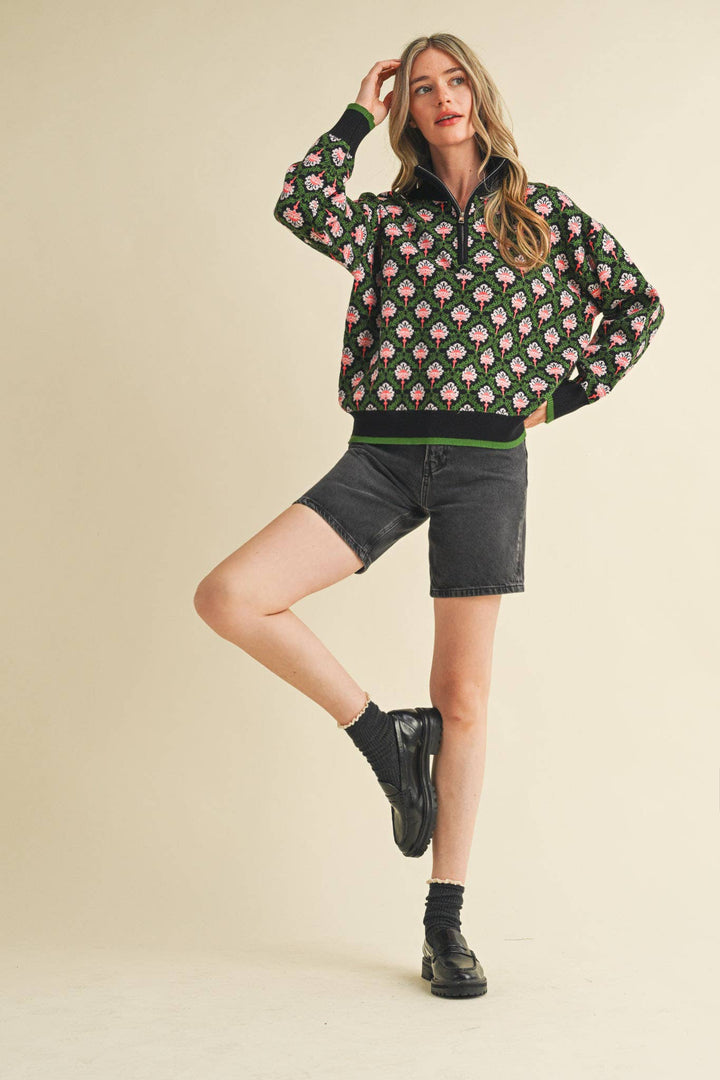 Floral Mock Neck ½ Pullover