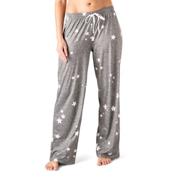 Gray pajama pants with white star pattern and drawstring waist