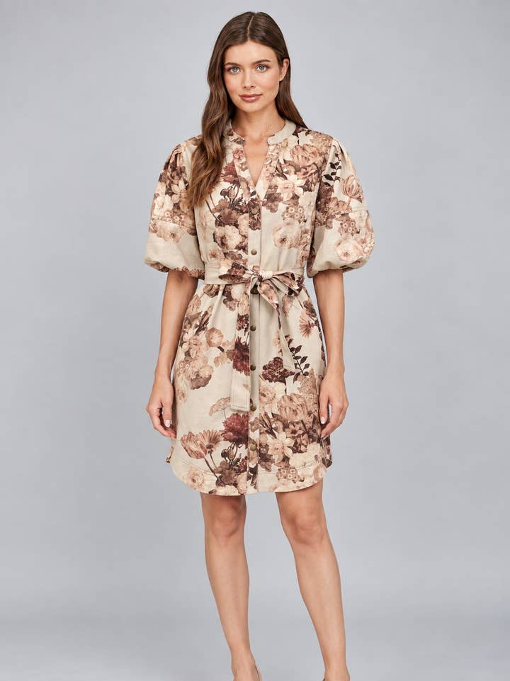 Botanical Print Denim Self Tie Waist Button Down Dress