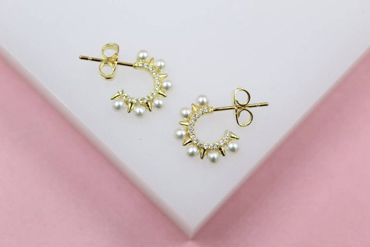 18K Gold Filled Spike Pearl Open Hoops
