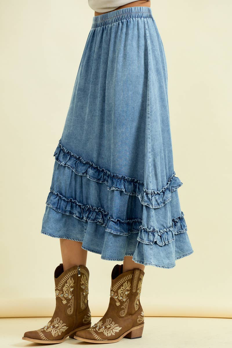 Light blue denim asymmetrical ruffle midi skirt with tiered ruffles and elastic waist
