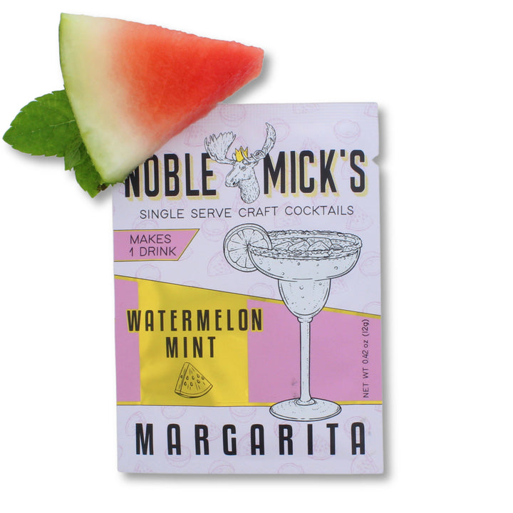 Noble Mick's Watermelon Mint Margarita single serve craft cocktail mix packet with fresh watermelon slice