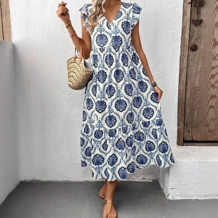 Loose-Fit V-Neck Floral Print Maxi Dress
