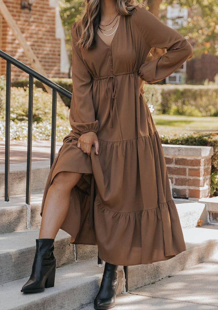 Solid Button V Neck Tiered Maxi Dress