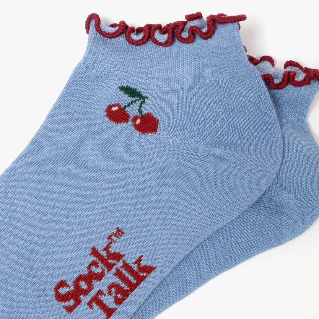 Cherry Frilled Cuff Combed Cotton Trainer Socks in Blue