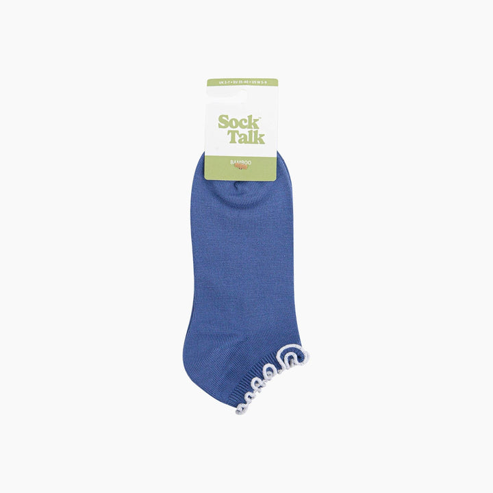 Blue bamboo ankle socks with white frilly trim, Sock Talk branded packaging