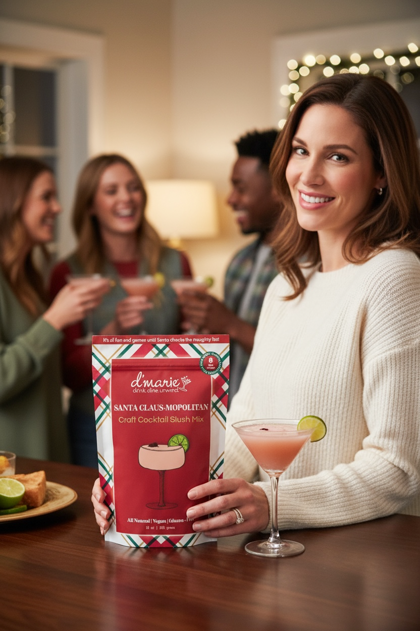 D'Marie Santa Claus-Mopolitan craft cocktail slush mix package with woman holding pink cocktail