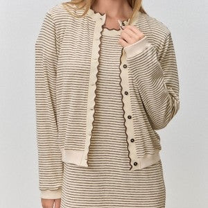 Striped Knit Scallop Trim Cardigan