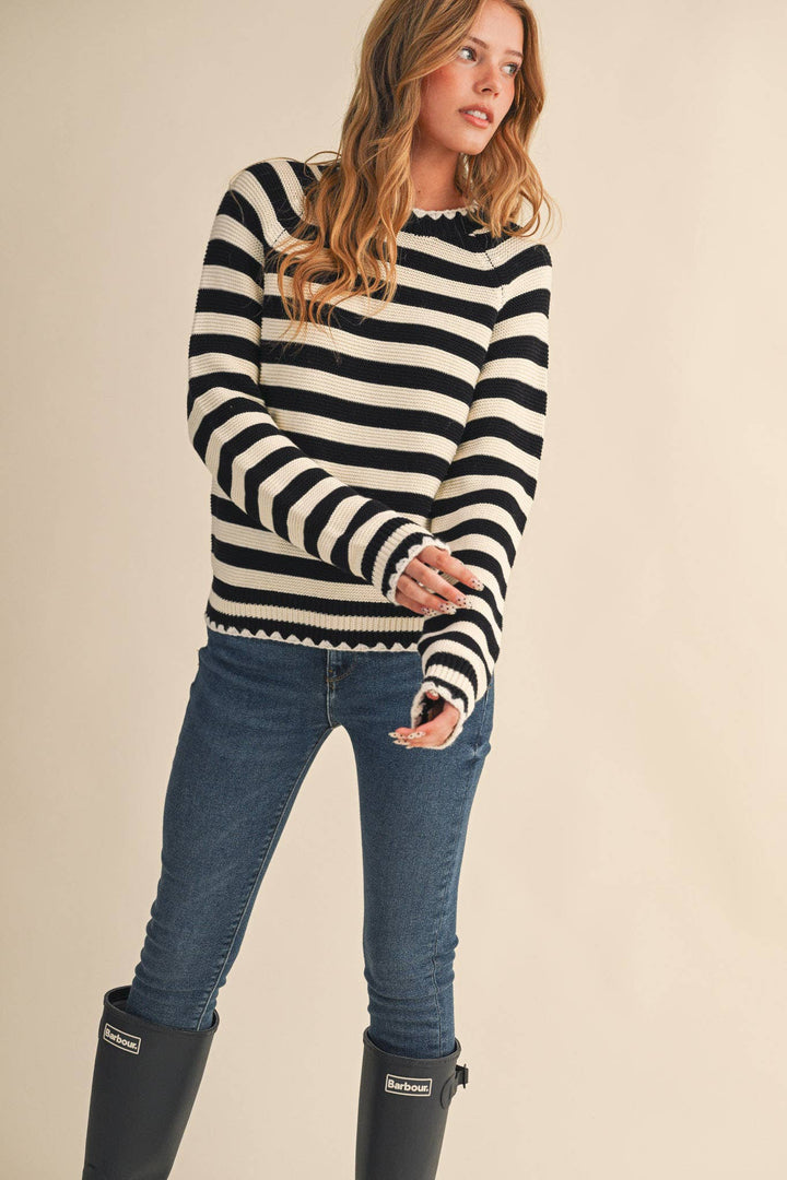 Striped Puff Sleeve Sweater w/ Contrast Stitch