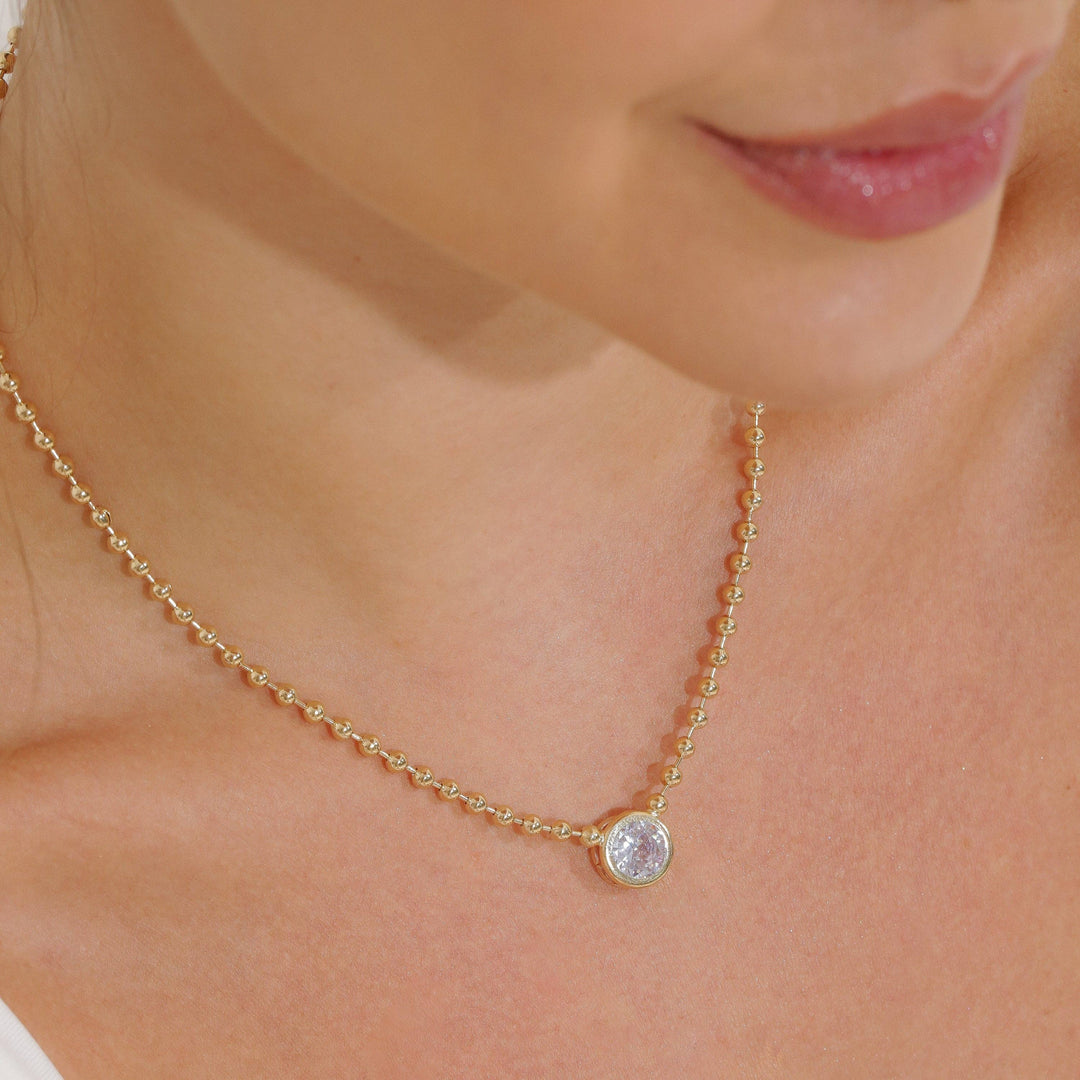 Bead Link Chain Round CZ Diamond Gemstone Charm Necklace