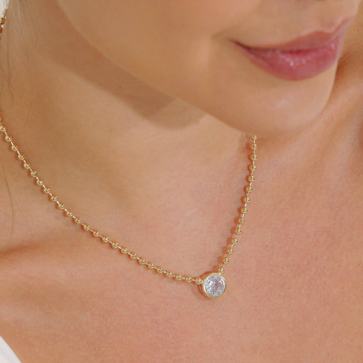 Bead Link Chain Round CZ Diamond Gemstone Charm Necklace