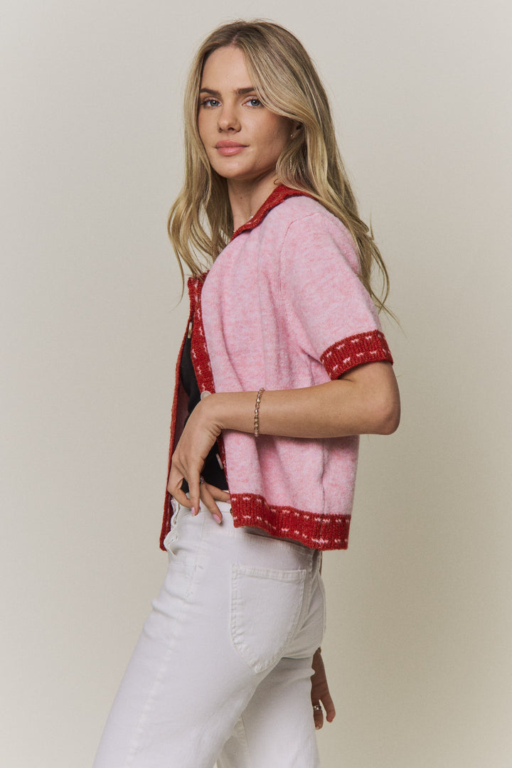 Collared Short-Sleeve Knit Cardigan Top