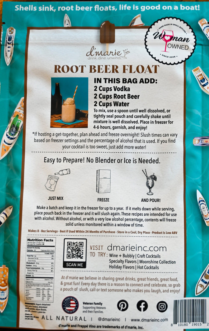 D'Marie Root Beer Float cocktail mix bag with recipe instructions and nautical themed background