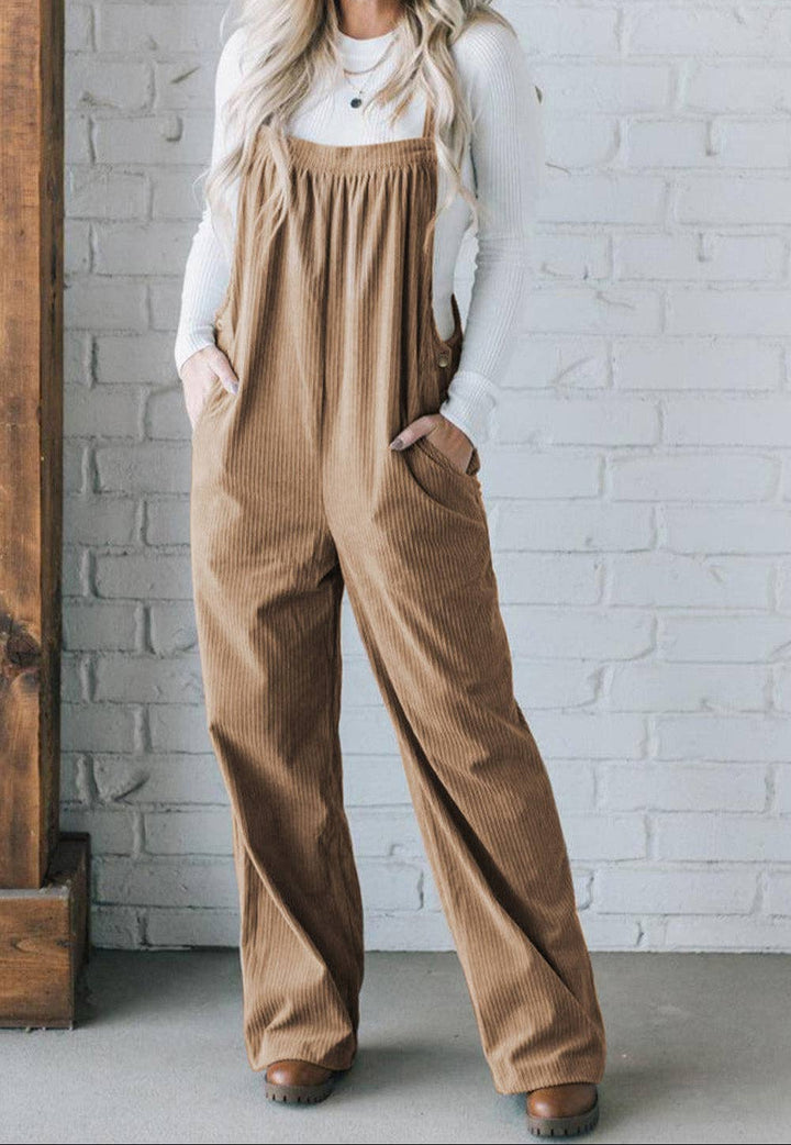 Solid Pocketed Corduroy Overalls