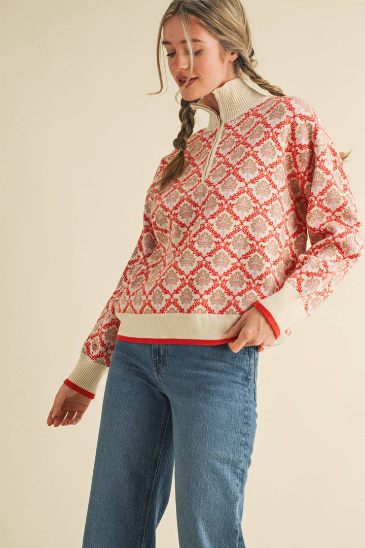 Floral Mock Neck ½ Pullover