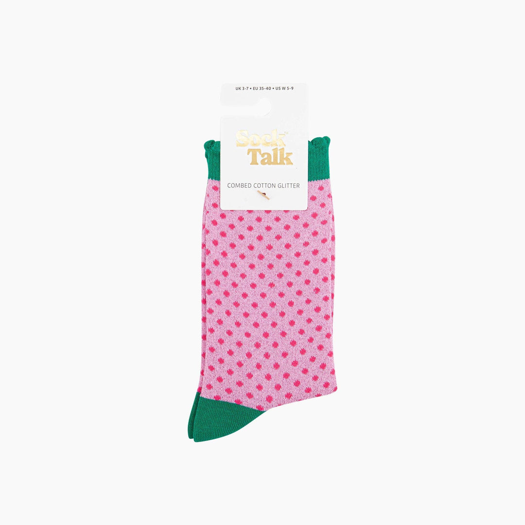 Pink glitter polka dot ankle socks with green cuff and toe by Sock Talk