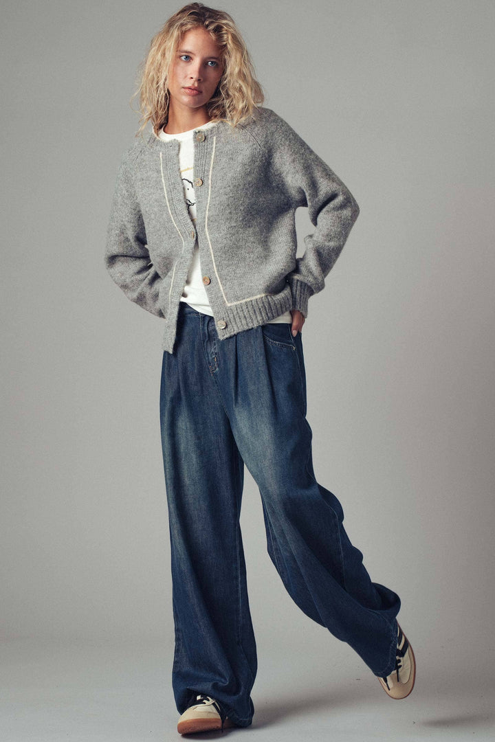 Contrast Trim Boho Knit Button Cardigan