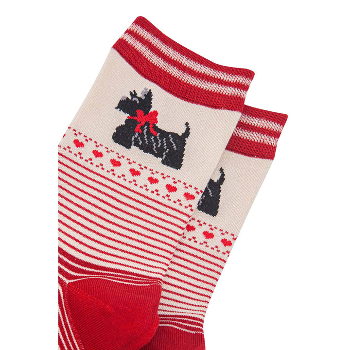 Cream and red bamboo socks with Scottish Terrier dog, hearts, and stripe pattern