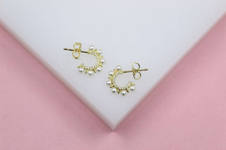 18K Gold Filled Spike Pearl Open Hoops