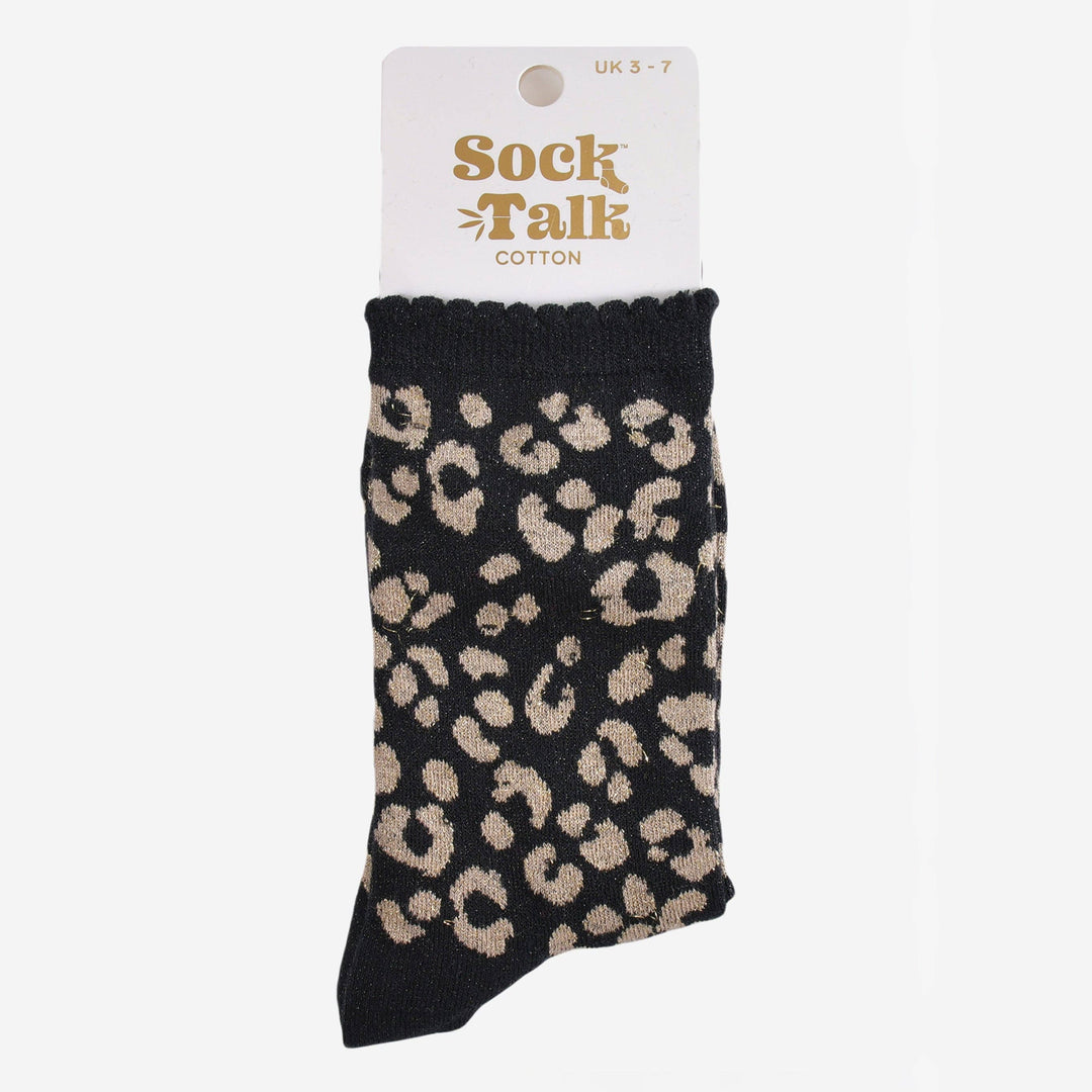Black cotton ankle socks with gold leopard print pattern and scalloped cuff