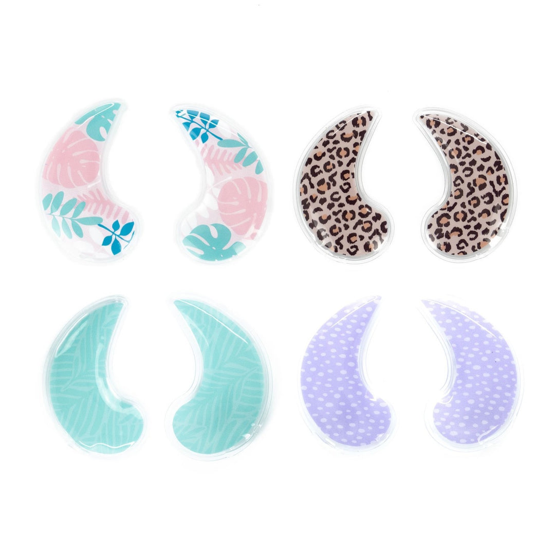Four pairs of under eye gel pads in tropical, leopard, teal, and purple patterns