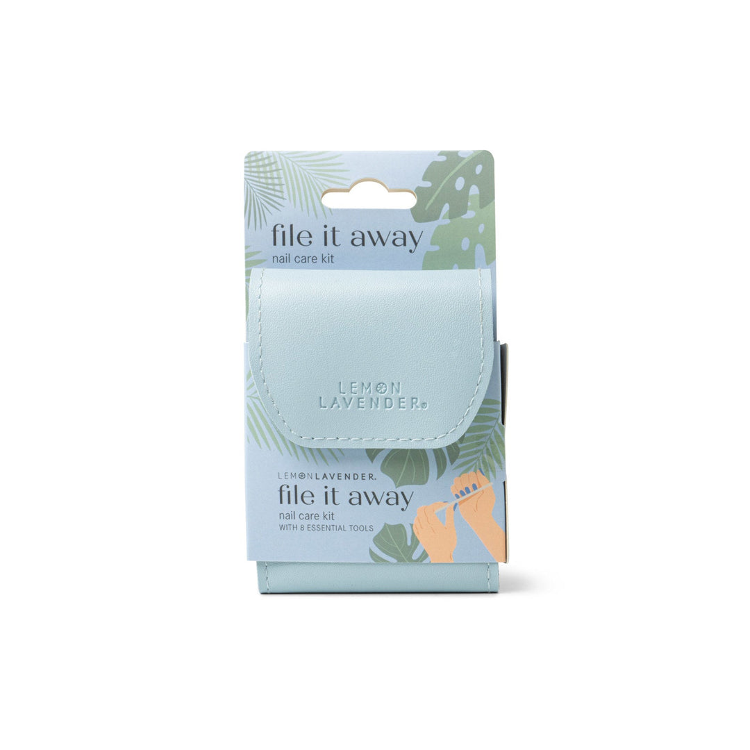 Lemon Lavender File It Away nail care kit in light blue pouch with tropical design