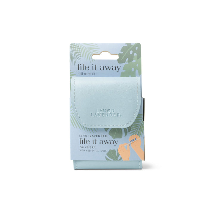Lemon Lavender File It Away nail care kit in light blue pouch with tropical design