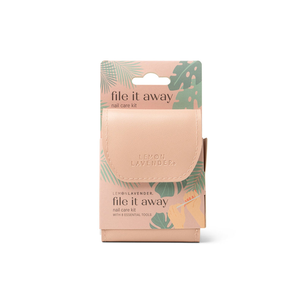 File It Away nail care kit in peach packaging with tropical leaf design by Lemon Lavender