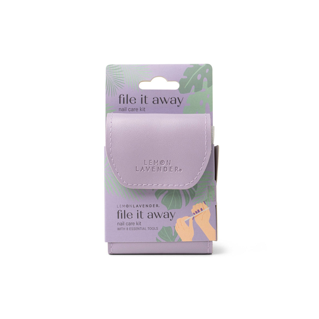 Lemon Lavender File It Away nail care kit in purple leather pouch with packaging