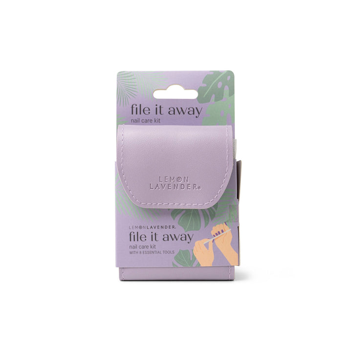 Lemon Lavender File It Away nail care kit in purple leather pouch with packaging