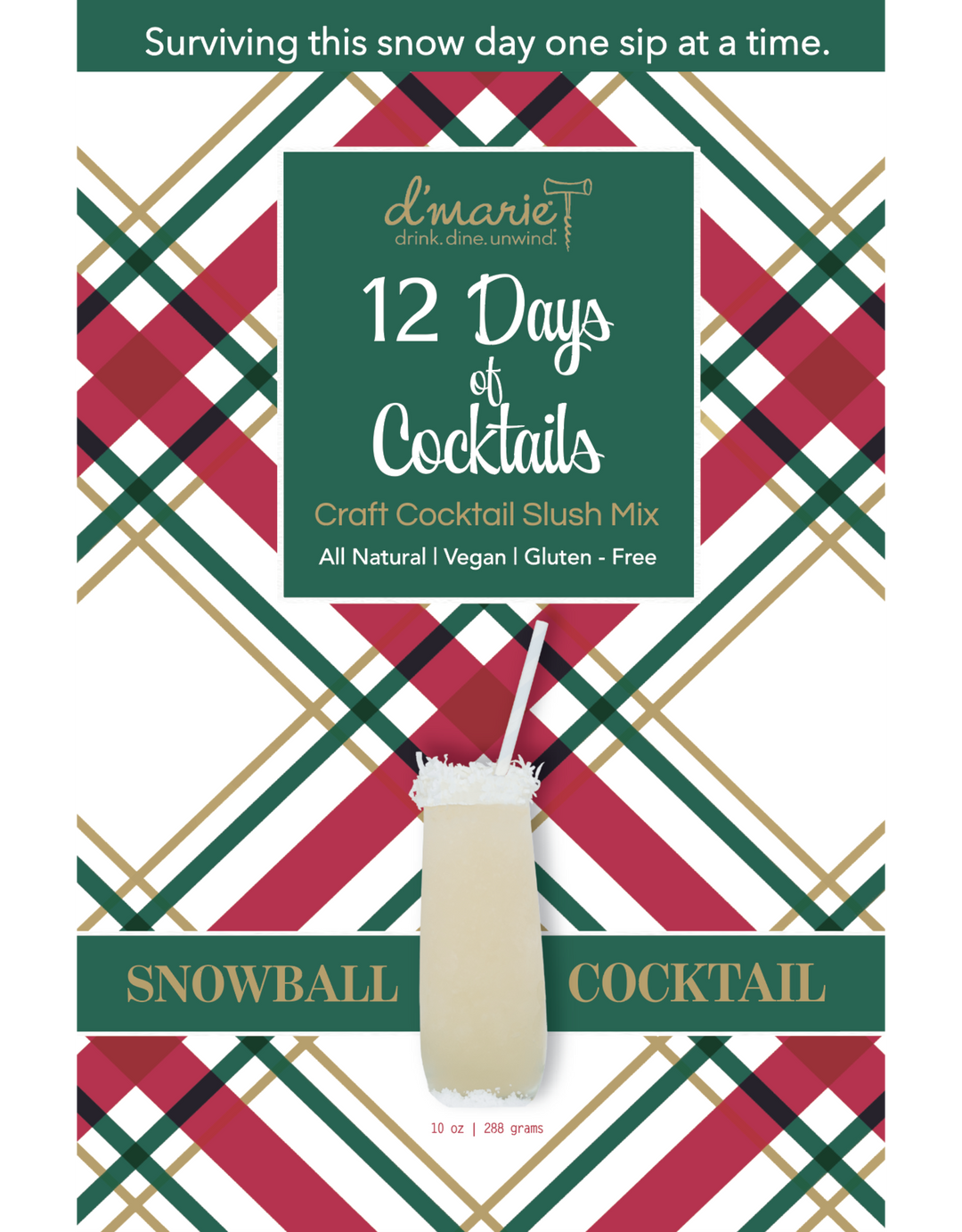 D'Marie Snowball Cocktail craft slush mix package with festive holiday plaid background design