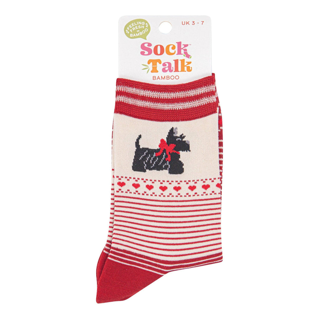 Cream and red bamboo ankle socks with Scottie dog, hearts, and stripe pattern