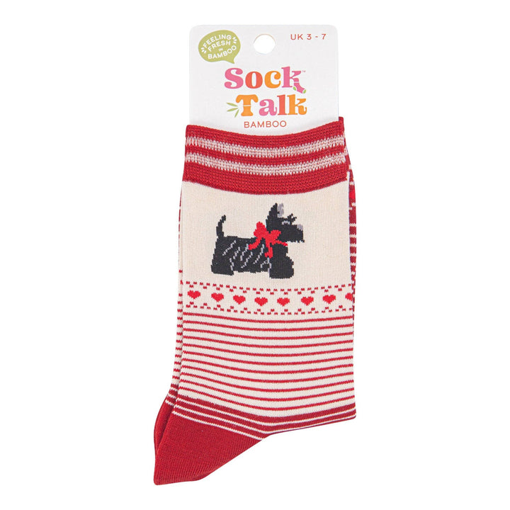 Cream and red bamboo ankle socks with Scottie dog, hearts, and stripe pattern