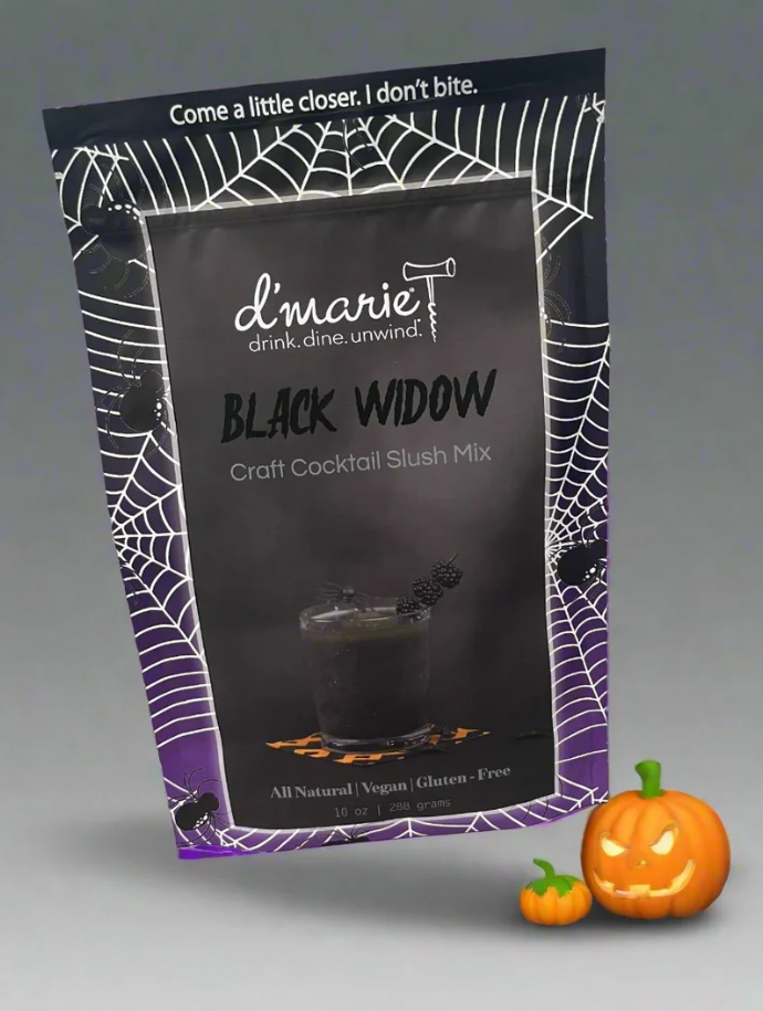 D'Marie Black Widow craft cocktail slush mix package with Halloween spider web design