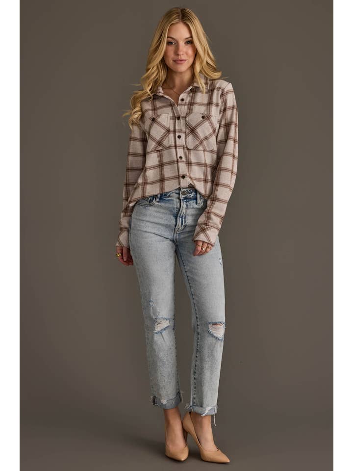 Lt. Taupe &amp; Brown Plaid Button Up