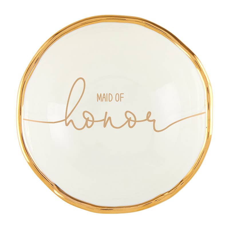 Round white ceramic jewelry dish with gold rim featuring 'Maid of Honor' text