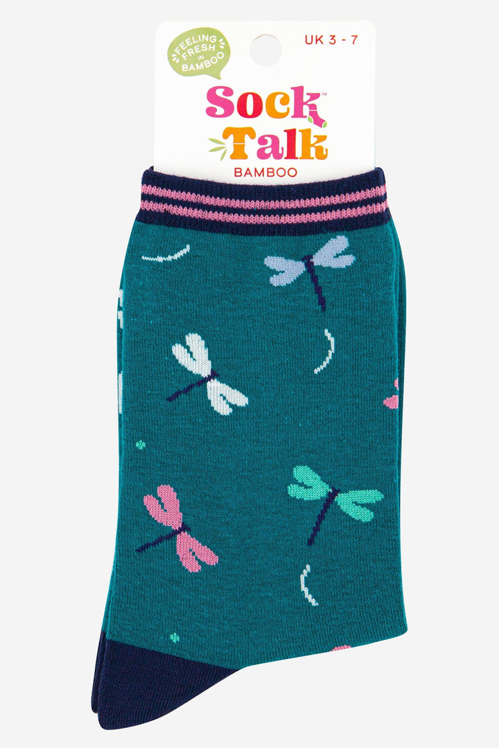 Teal bamboo crew socks with multicolour dragonfly pattern and navy striped cuff