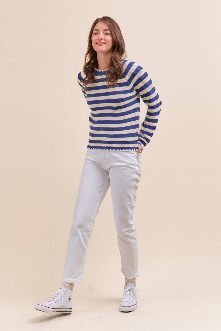 Striped Puff Sleeve Sweater w/ Contrast Stitch