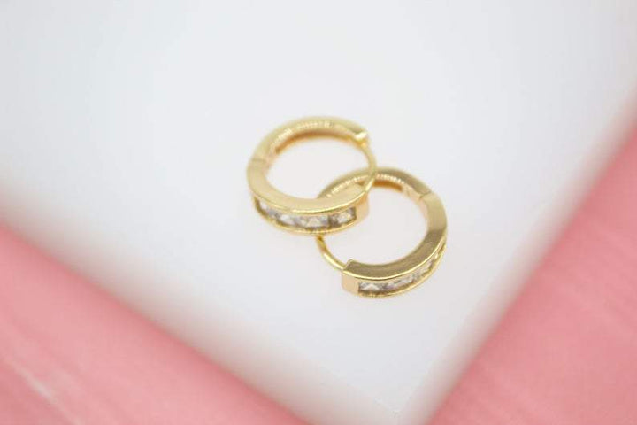 18K Gold Filled Huggies Earrings With Clear Rectangle CZ Cubic Zirconia Stones