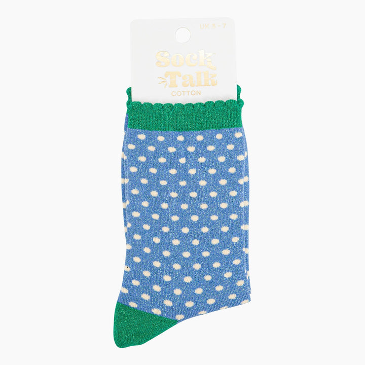 Blue polka dot cotton glitter ankle socks with green cuff and toe trim