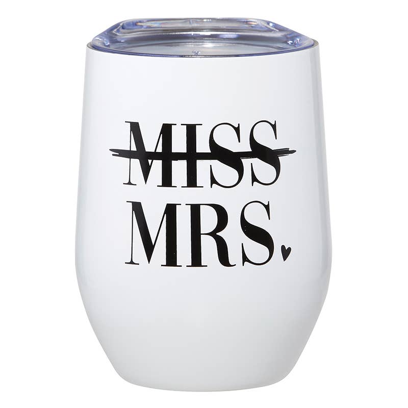 White 12 oz wine tumbler with clear lid featuring 'Miss MRS' text in black lettering